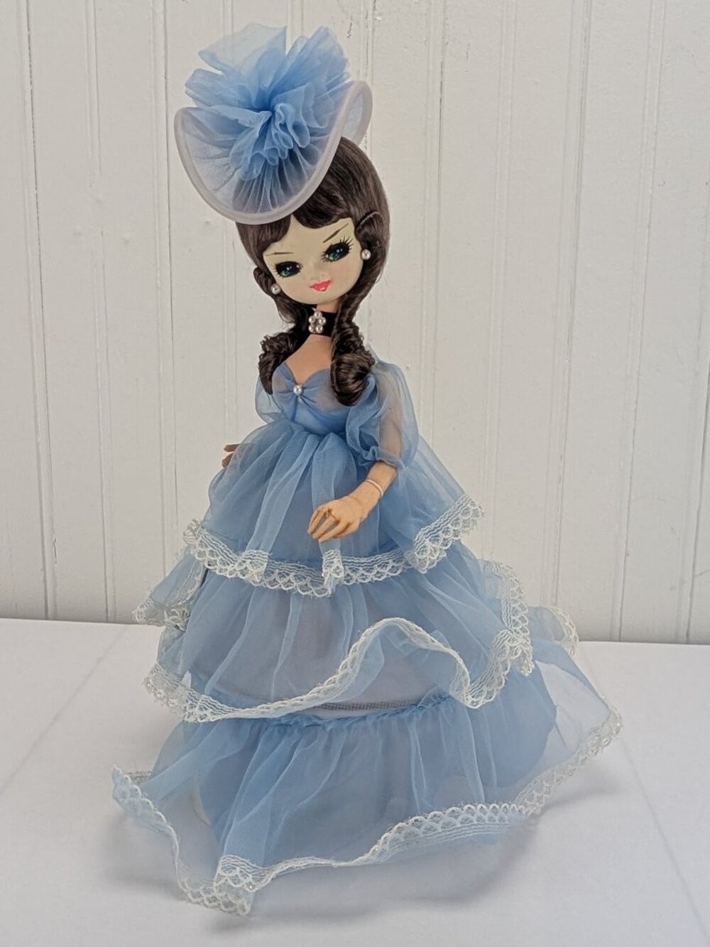Vintage Bradley Big Eye Fabric Doll 13" Brunette Blue Eyes Southern Belle Lady